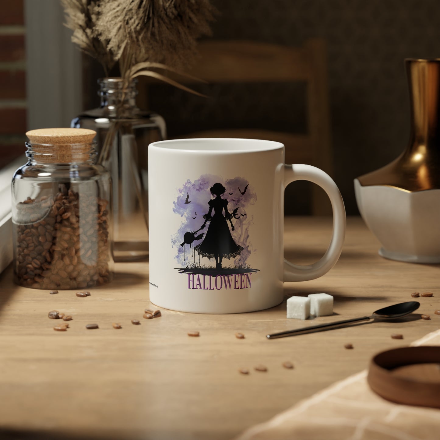 Spooky Gothic Halloween Mug – Witchy Silhouette Coffee Cup with Purple Smoke & Bats – Creepy Cute Halloween Gift for Trick-or-Treat & Halloween Lovers Jumbo Mug