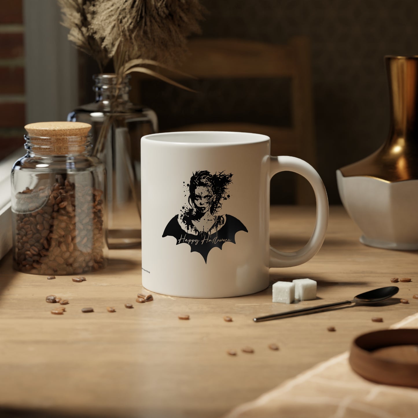 Vampire Ink Happy Halloween Mug – Gothic Horror Coffee Cup for Spooky Season Jumbo Mug - White