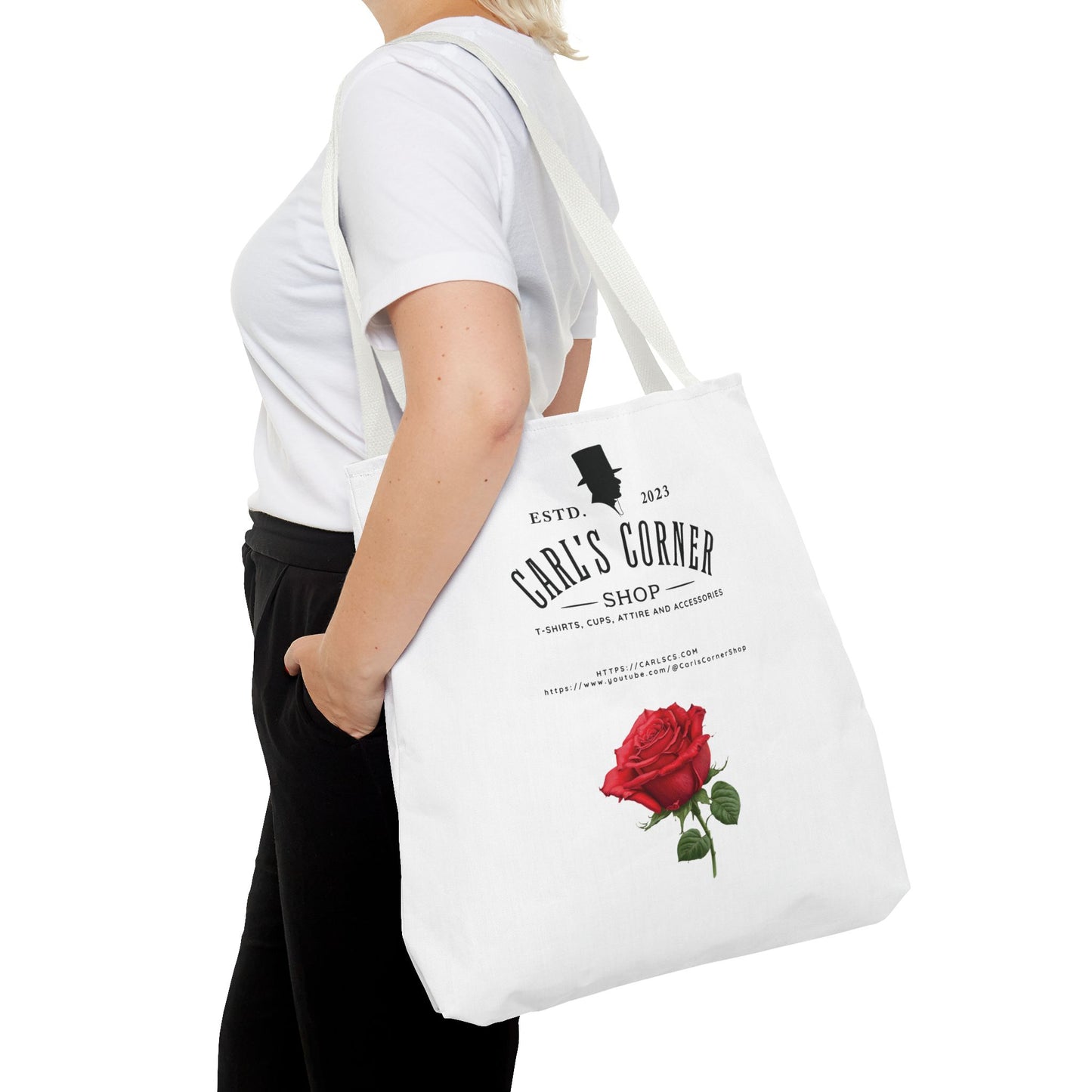 Carl's Corner Stylish Custom Tote Bag Black with Rose - Perfect for Shopping, Beach Days, Gifts, and Everyday Use