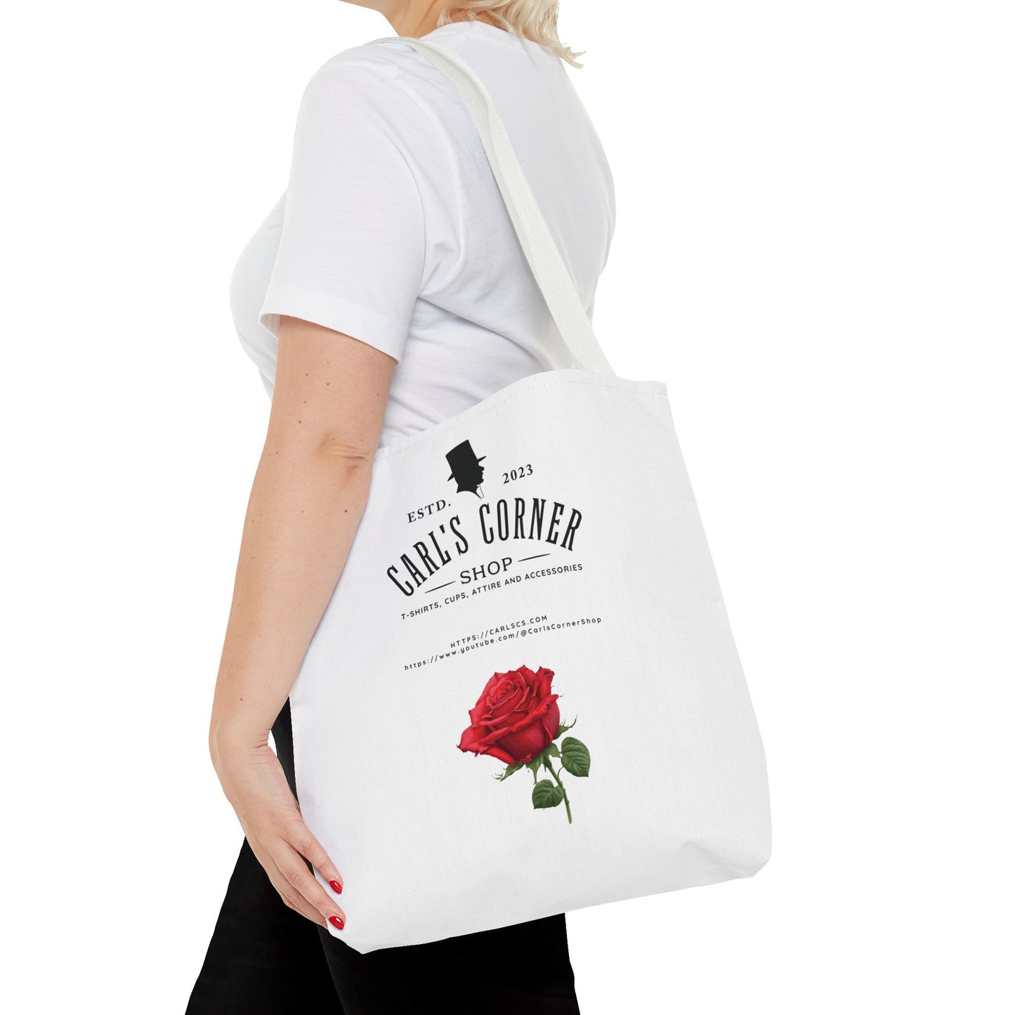 Carl's Corner Stylish Custom Tote Bag Black with Rose - Perfect for Shopping, Beach Days, Gifts, and Everyday Use