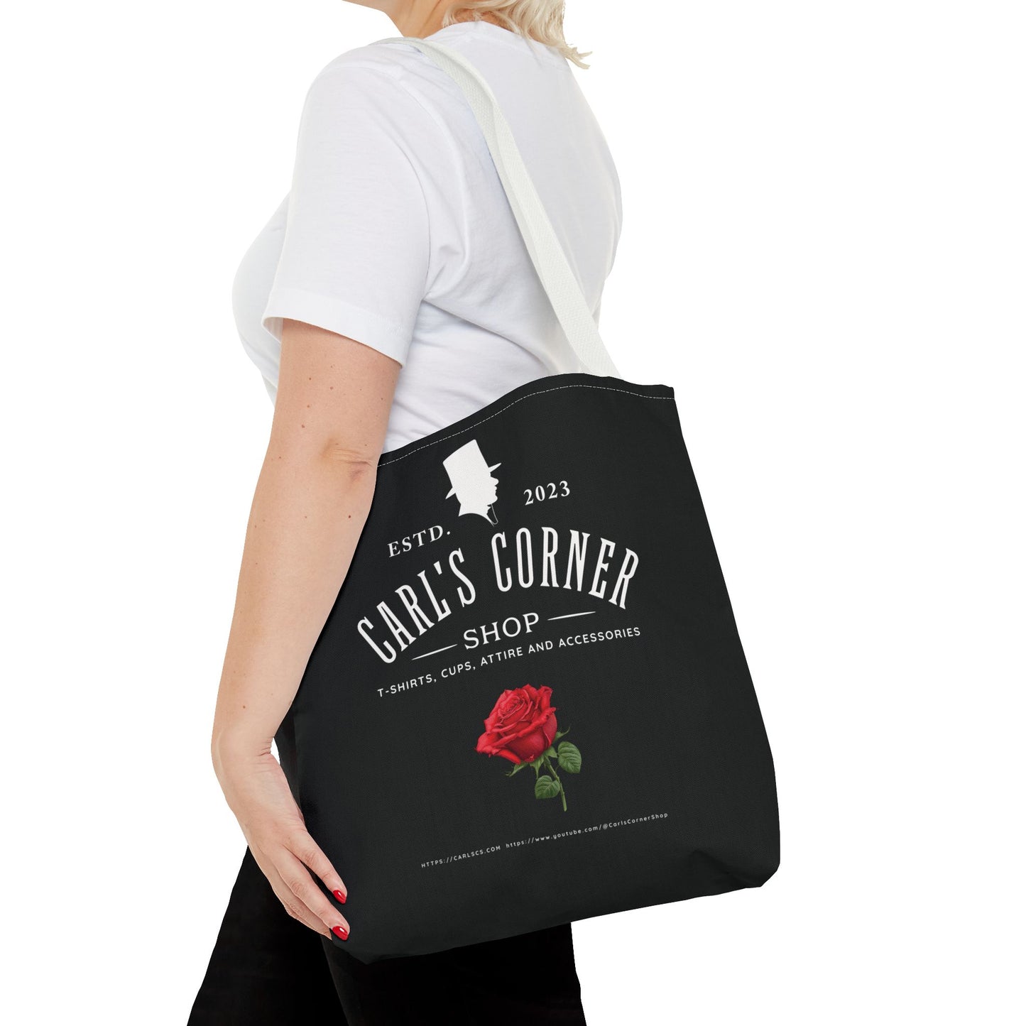 Carl's Corner Stylish Custom Black Tote Bag with Rose - Perfect for Shopping, Beach Days, Gifts, and Everyday Use